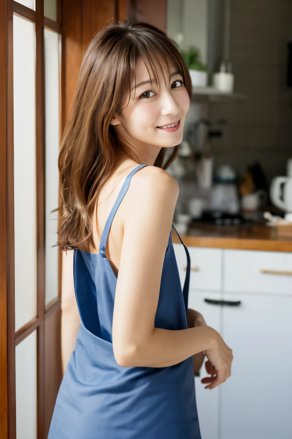 (masterpiece), high quality, high resolution, back view of a skinny Japanese woman, 40 years old, naked but wearing only an apron, {short|long} hair, cute face, detailed face, detailed eyes, standing at the kitchen