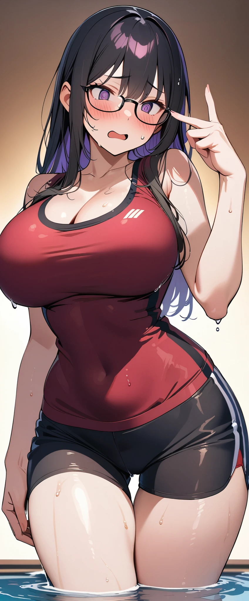 (Highest quality),(masterpiece), 8k,Very detailed, Detailed light, Best Shadow,Detailed reflective eyes, Very detailedな顔,Shiny Hair,Big Breasts,(1 girl:1.2),woman,Gloss,Black Hair,Embarrassed,blush,(Hollow Eyes:1.2),(Condescending:1.2),Crazy Eyes,4fingers and 1thumbs,Beautiful fingers,Beautiful Hands,whole body,Tank top,Shorts,Black-rimmed glasses,Purple eyes,Cool,Glossの無い目,(Eye power:1.2),(脇Sweat:1.2),(Sweat:1.4),(training wear:1.2),(Soaking wet:1.2),(semi-long:1.2),