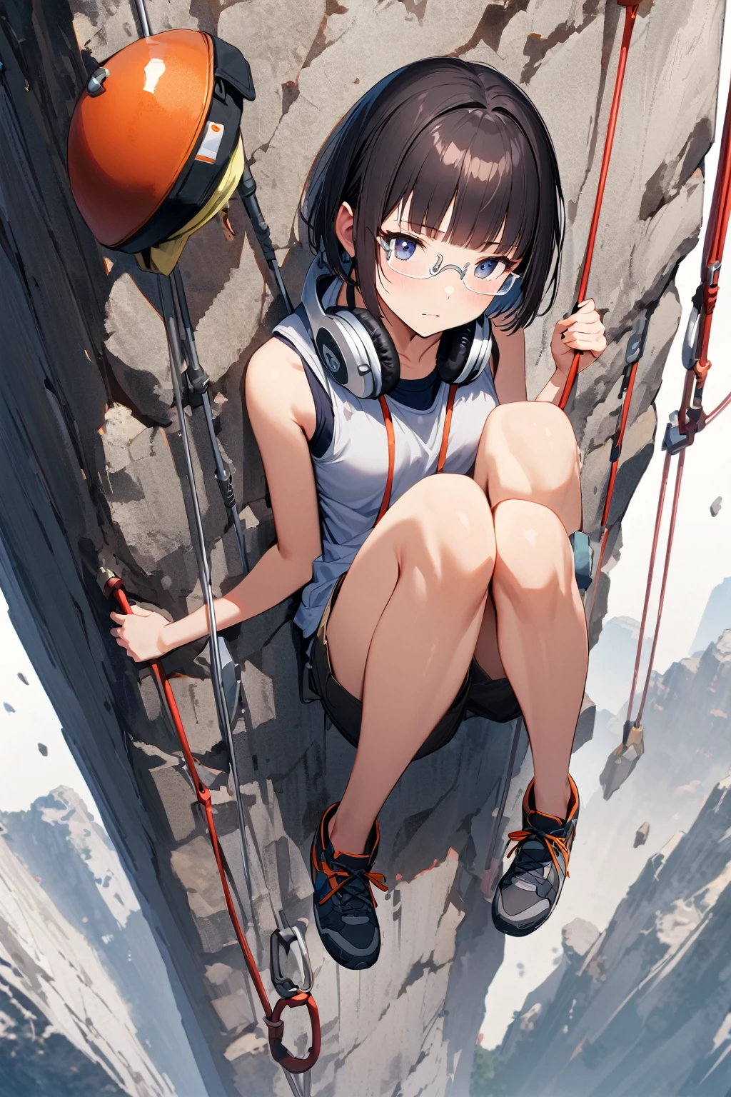 (extremely detailed fine touch:1.3), (((silver semi-rimless eyewear:1.3))), (wear silver headphones around neck:0.8), short hair, blunt bangs, 1girl, solo, 2.5d face, full body, bare arms, bare legs, from above, rock climbing, cliffhanger, tanktop, shorts, wire