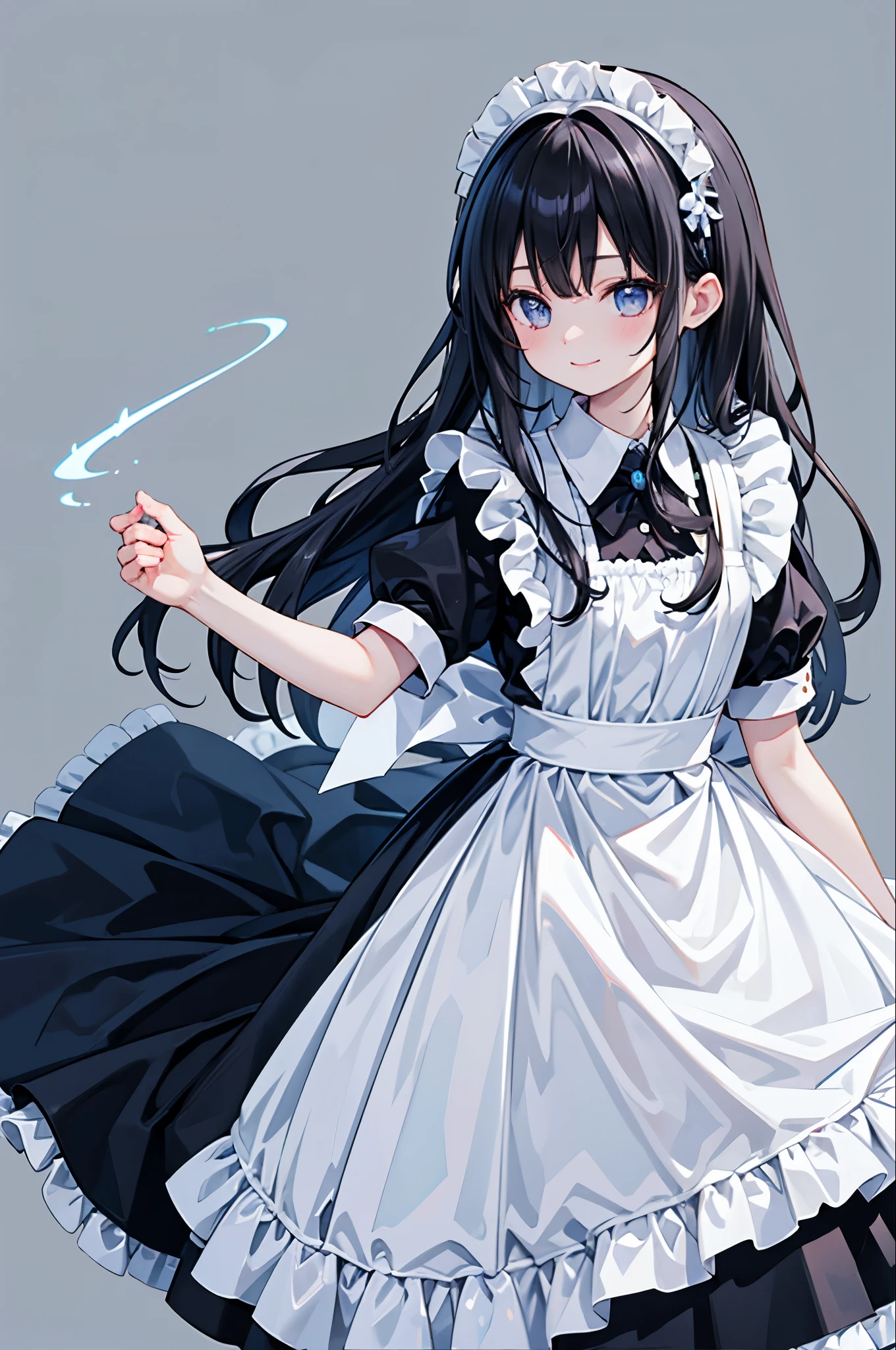 high resolution,smile,woman,woman1人,adult,cute,smile, Black Hair,BREAK, Light blue eyes,BREAK, Maid clothes,BREAK,Facing forward,BREAK,Light blue background,