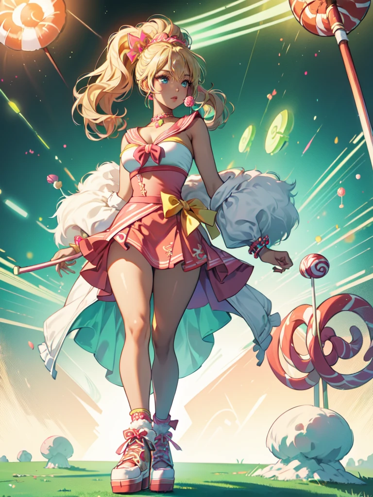 1 girl, (gyaru), [ganguro], long blonde hair, dark skinned girl, curly hair, light blue eyes, eye shadow (neon green), neon green lipstick, neon yellow nail polish, big breasts, [huge breasts], micro bikini, miccro bikini top only white coat, open coat, black sailor collar, [miniskirt], aquamarine pencil skirt, (high waist skirt: 1.5), (puffy leg warmers), sports shoes, (platform sports shoes) and high heels, wide beaded bracelets, female warrior, weapon, [mace], (holding) a translucent red (lollipop mace: 1.5) in her right hand), buckler, (on her left arm a mint candy buckler: 1.0), standing, legs spread,white background 