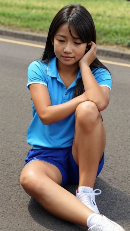Image of a girl, a runner, sitting on the ground with her injured ankle, expression of pain on her face