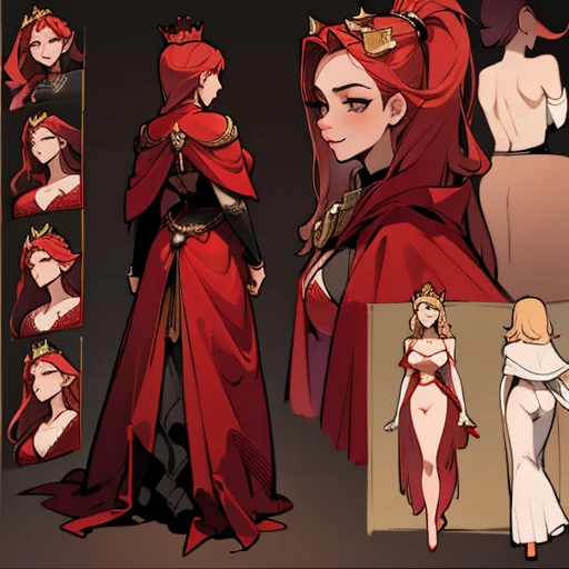 Dressed in Red and erotic lingerie with black piping that simulates the game of poker with a golden crown and a queen's cape
in various views (front and back) (full body) ((Character sheet))