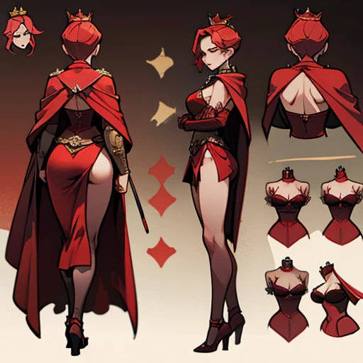 
 Dressed in Red and erotic lingerie with black piping that simulates the game of poker with a golden crown and a queen's cape

in various views (front and back) (full body) ((Character sheet)) 