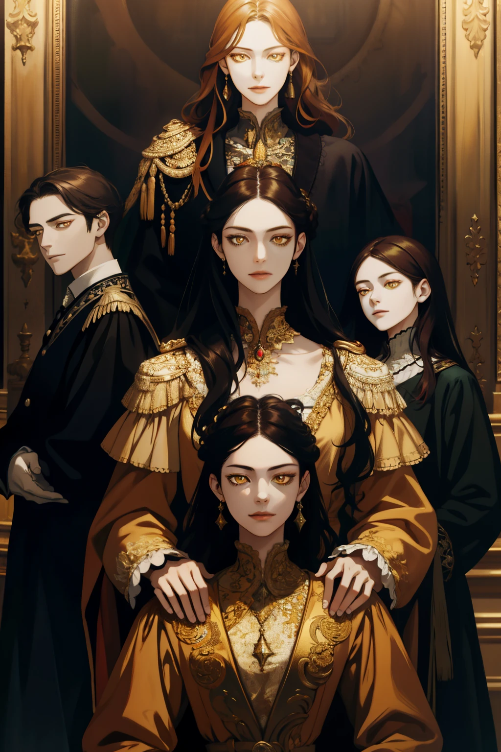 A highly detailed, absurd portrait of a family, a painting on the wall, 1girl with long dark hair and golden eyes standing beside another girl, 3people standing together, extremely detailed faces, intricate clothing, dramatic lighting, vibrant colors, photorealistic, masterpiece, renaissance style, dramatic composition, chiaroscuro lighting, oil painting