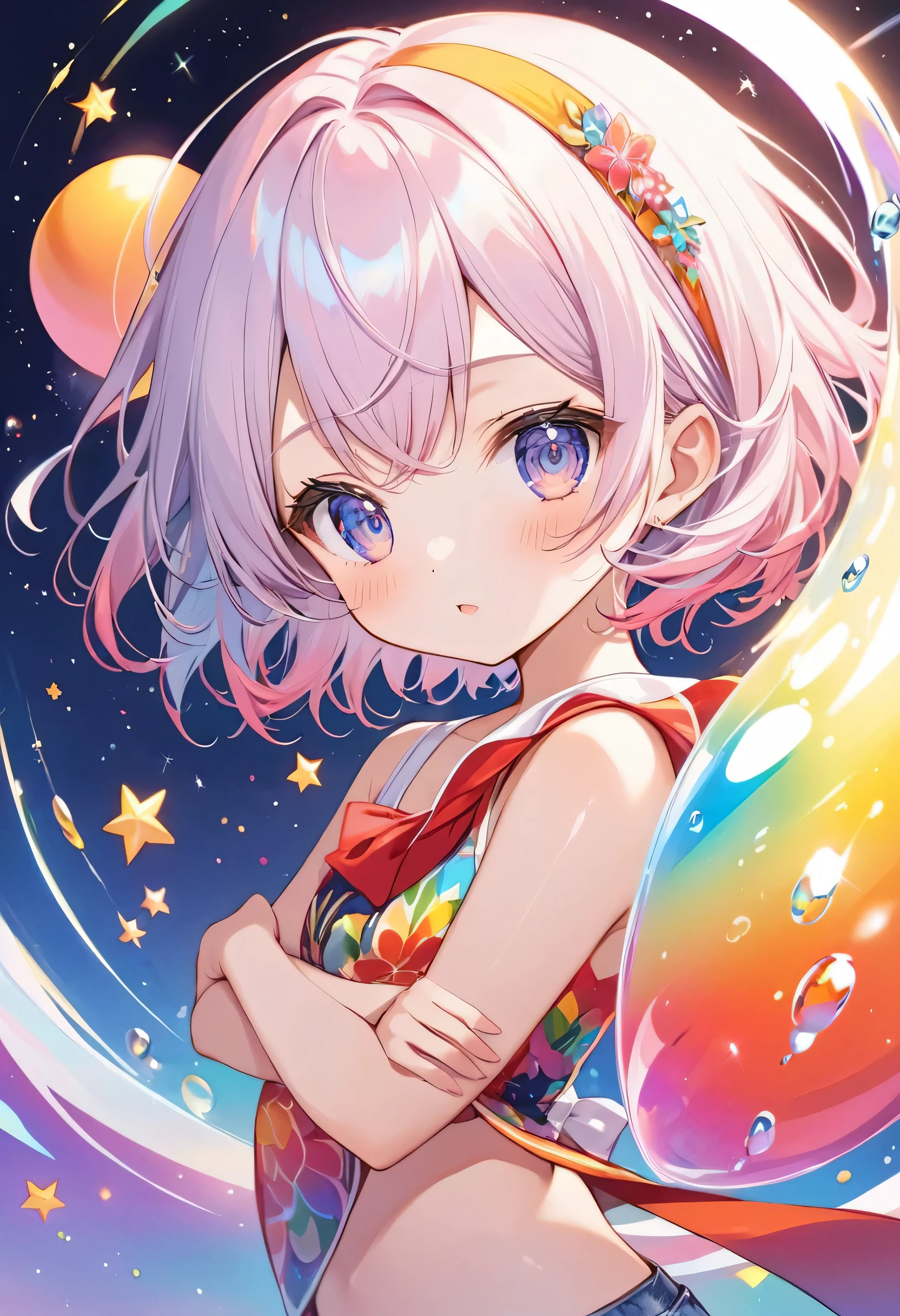 Micho Red and White style, Simple Line Initialism，Abstract art，(((The most beautiful girl of all time))), (((chibi))), Sweet face. colorful hearts, funny design, (((bosom buddy ))), (((Cute Aliens))), The background is space