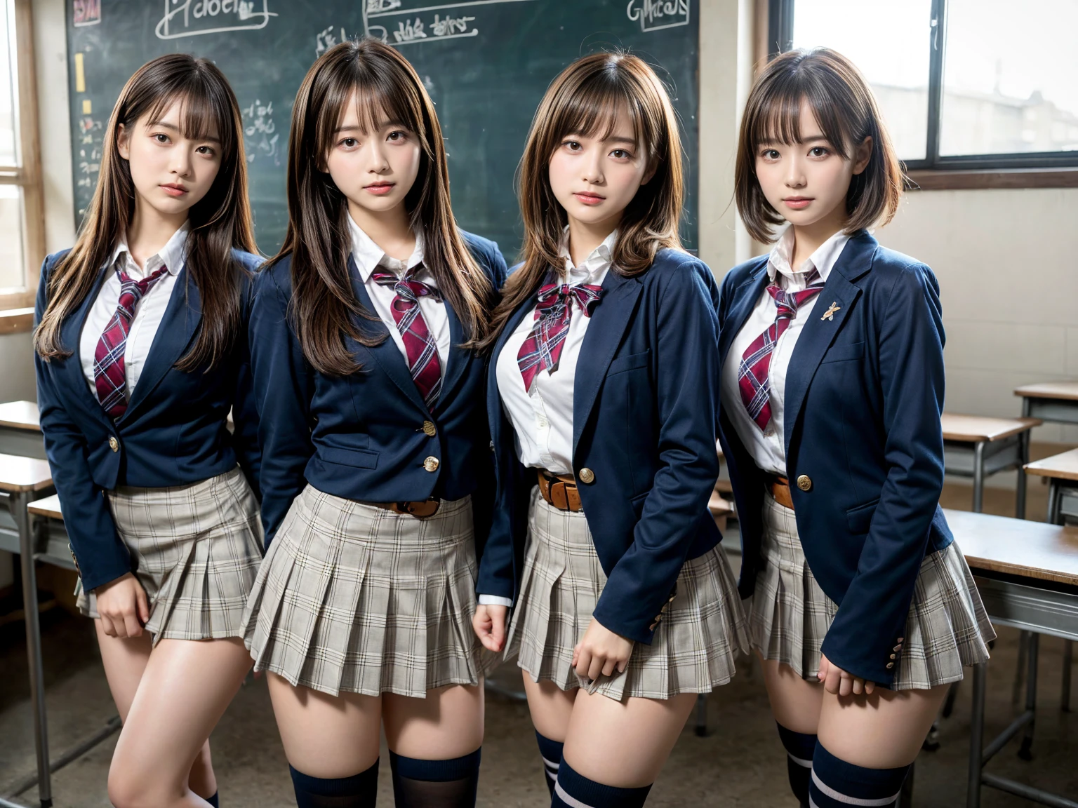 masterpiece, best quality, illustration, Super detailed, fine details, High resolution, 8K,wall paper, perfect dynamic composition,(Details High quality, realistic depiction of eyes:1.3), (2 girls), High School Classroom、High school girl uniform、blazer 、Super Short Check Uniform Skirt、Navy blue high socks、garterbelts、Colossal tits、Disturbed uniform, short hair, deep on field, large breasts, black hair color, Big Natural Color Lip, (perfect body shape), crying a little、Harajuku style、20 year old girl、cute type、beautiful legs, Gravure Idol