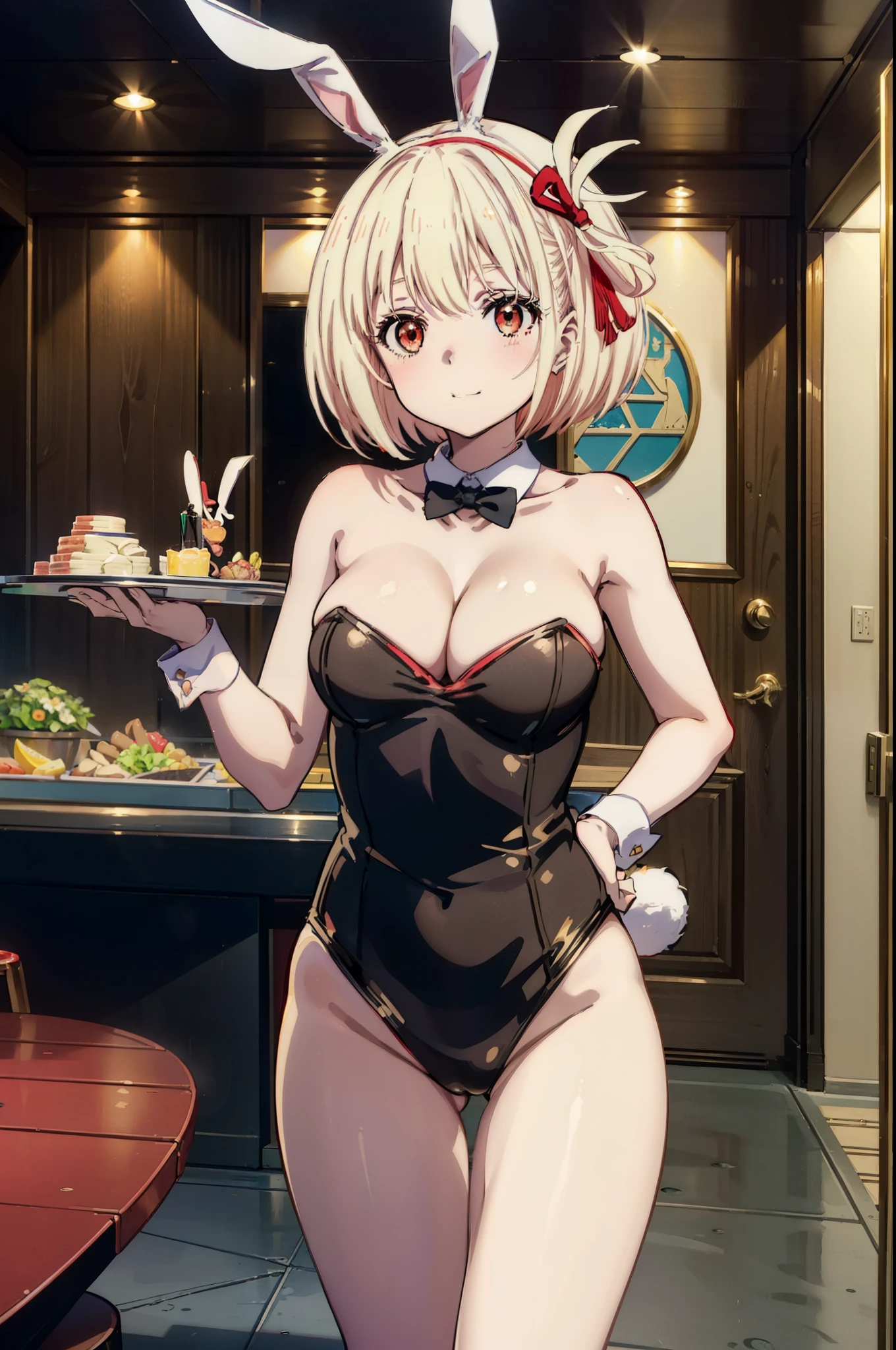 chisato nishikigi, short hair, bangs, Blonde, (Red eyes:1.5), hair ribbon, One side up, Bobcut,happy smile, smile, Open your mouth,(Bunny girl:1.5),(レッドPlayboy Bunny:1.0),Black pantyhose,Stiletto heels,
Playboy Bunny, Bunny ears, smile, Cowboy Shot, casino, Poker Chips, Indoor tray,
break indoors, casino,
break looking at viewer, (Cowboy Shot:1.5),
break (masterpiece:1.2), Highest quality, High resolution, unity 8k wallpaper, (figure:0.8), (Beautiful attention to detail:1.6), Highly detailed face, Perfect lighting, Highly detailed CG, (Perfect hands, Perfect Anatomy),