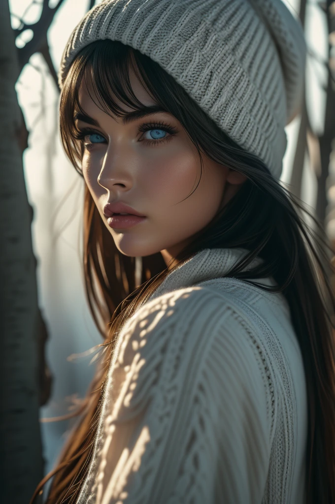 Megan Fox, portrait, ultra detailed Nordic eyes, bangs, knit sweater, winter, (((masterpiece, ultra detailed face))).