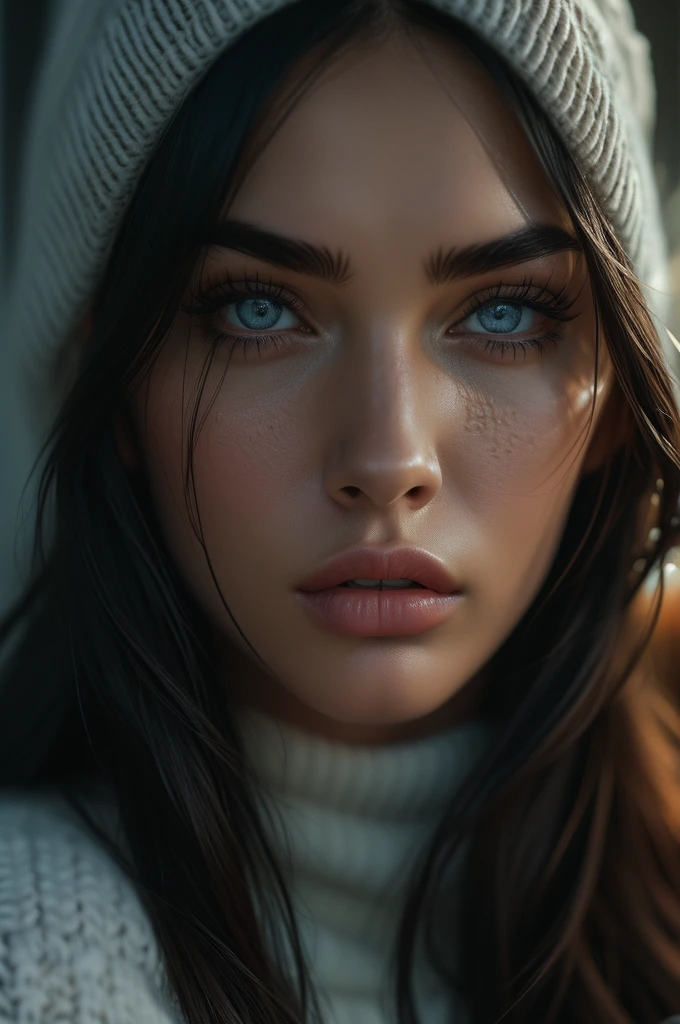 Megan Fox, portrait, ultra detailed Nordic eyes, bangs, knit sweater, winter, (((masterpiece, ultra detailed face))).