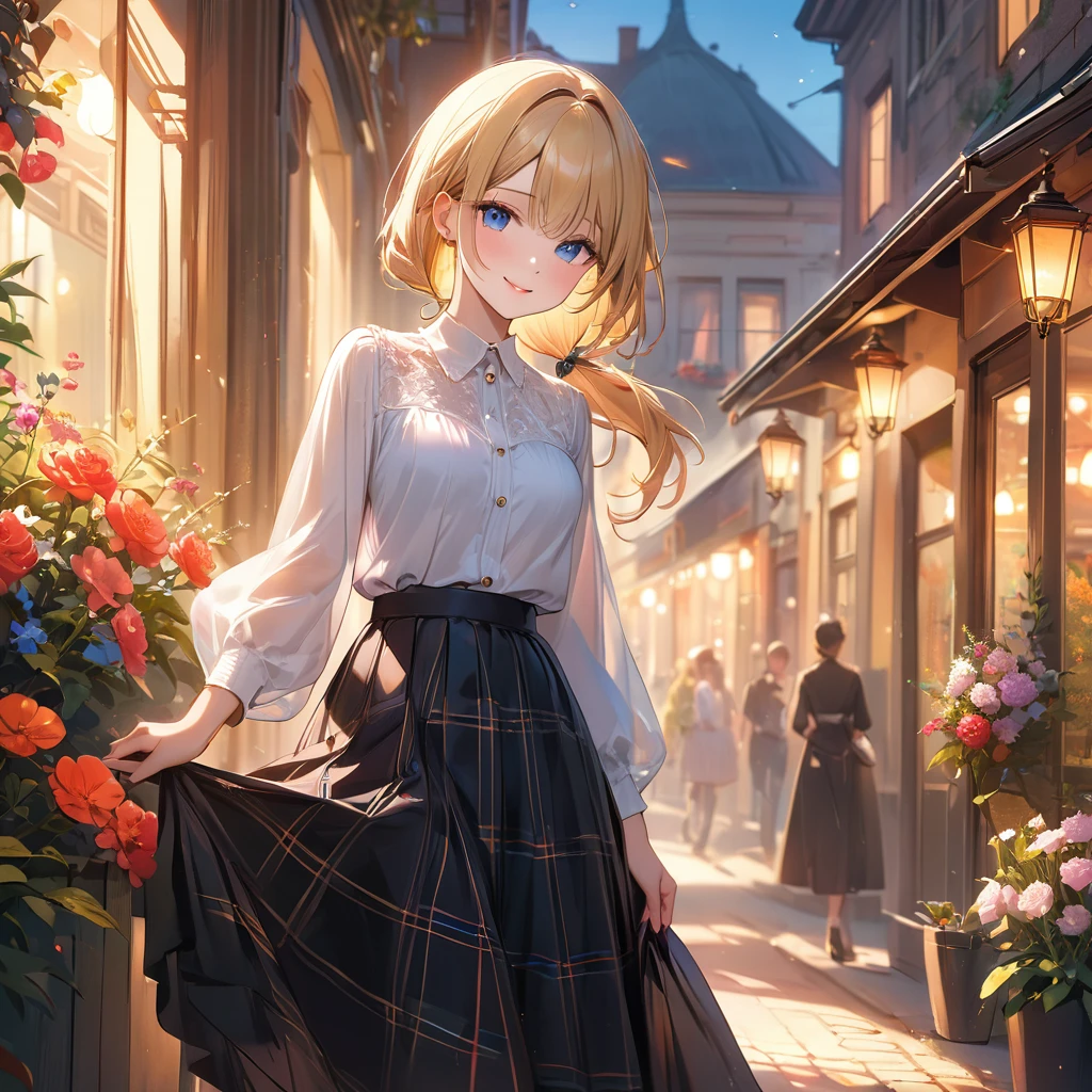 (​masterpiece),(top-quality:1.2),(1girl),exquisitedetails,vibrant colors,soft tones, Warm atmosphere, Gentle lighting,slender white body,(black colored plaid long skirt:1.3),(latest trend clothes),(middle twin-tailed blonde hair:1.3),beautiful detailed blue eyes,pale skin,cowboy shot,kindly smile,overflowing soft and gentle feelings,(The promenade is full of flowers), Warm golden glow,romantic,rich and colorful,create an ethereal atmosphere like a dream,and the lighting is soft and diffused,make her beauty more vivid,silky to the touch,film lighting