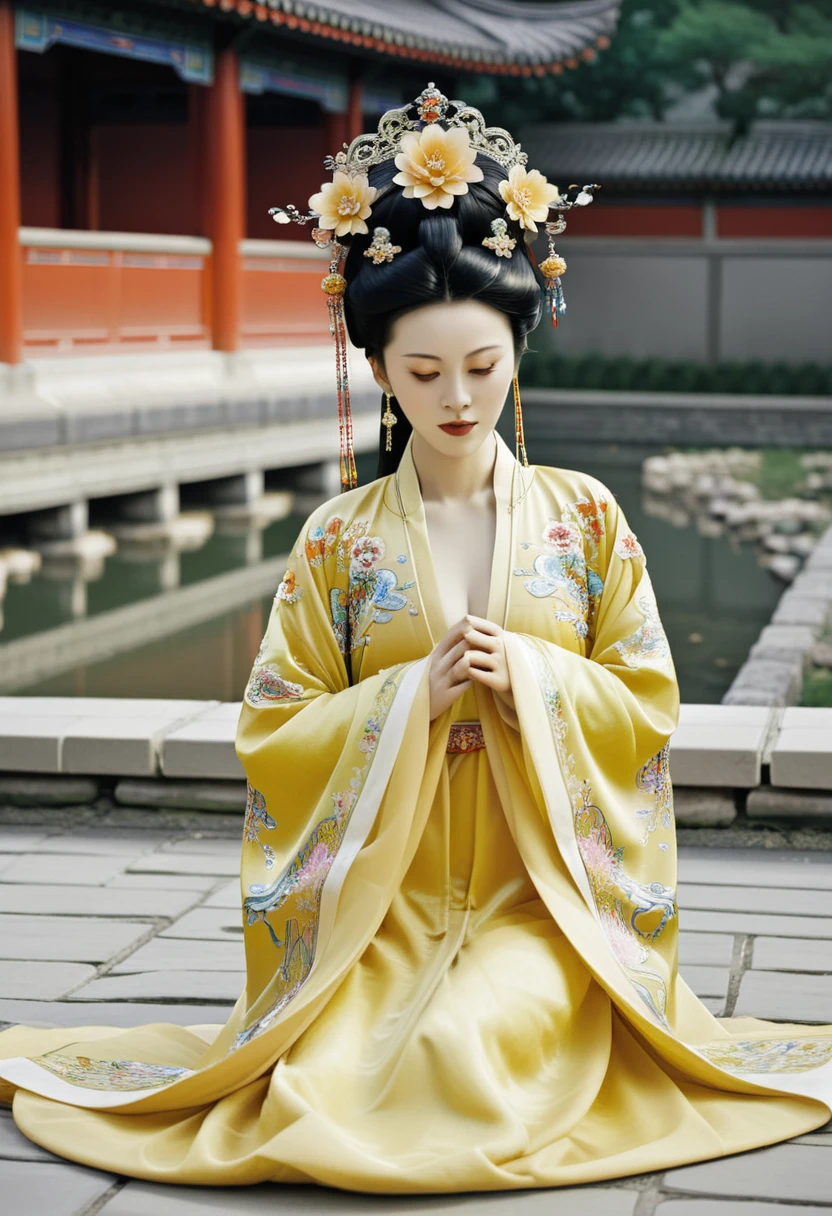 A Qing Dynasty empress is naked and playing with her pubic hair in the Chinese imperial court. A Qing Dynasty empress is wearing a large crown for a Chinese empress. Her hair is decorated with a large flower and a large crown. Her hair is tied up and pulled up. The background is the stone paving outside the Qing Dynasty.