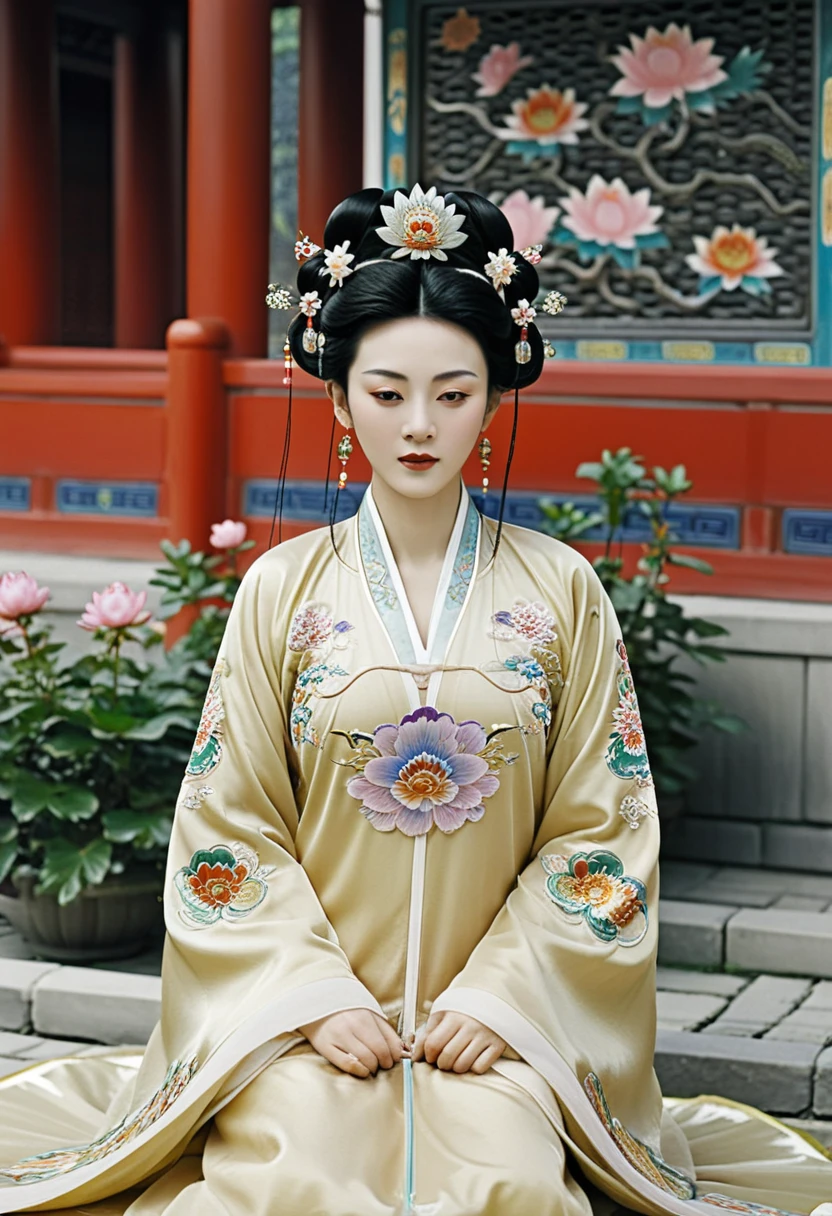 A Qing Dynasty empress is naked and playing with her pubic hair in the Chinese imperial court. A Qing Dynasty empress is wearing a large crown for a Chinese empress. Her hair is decorated with a large flower and a large crown. Her hair is tied up and pulled up. The background is the stone paving outside the Qing Dynasty.