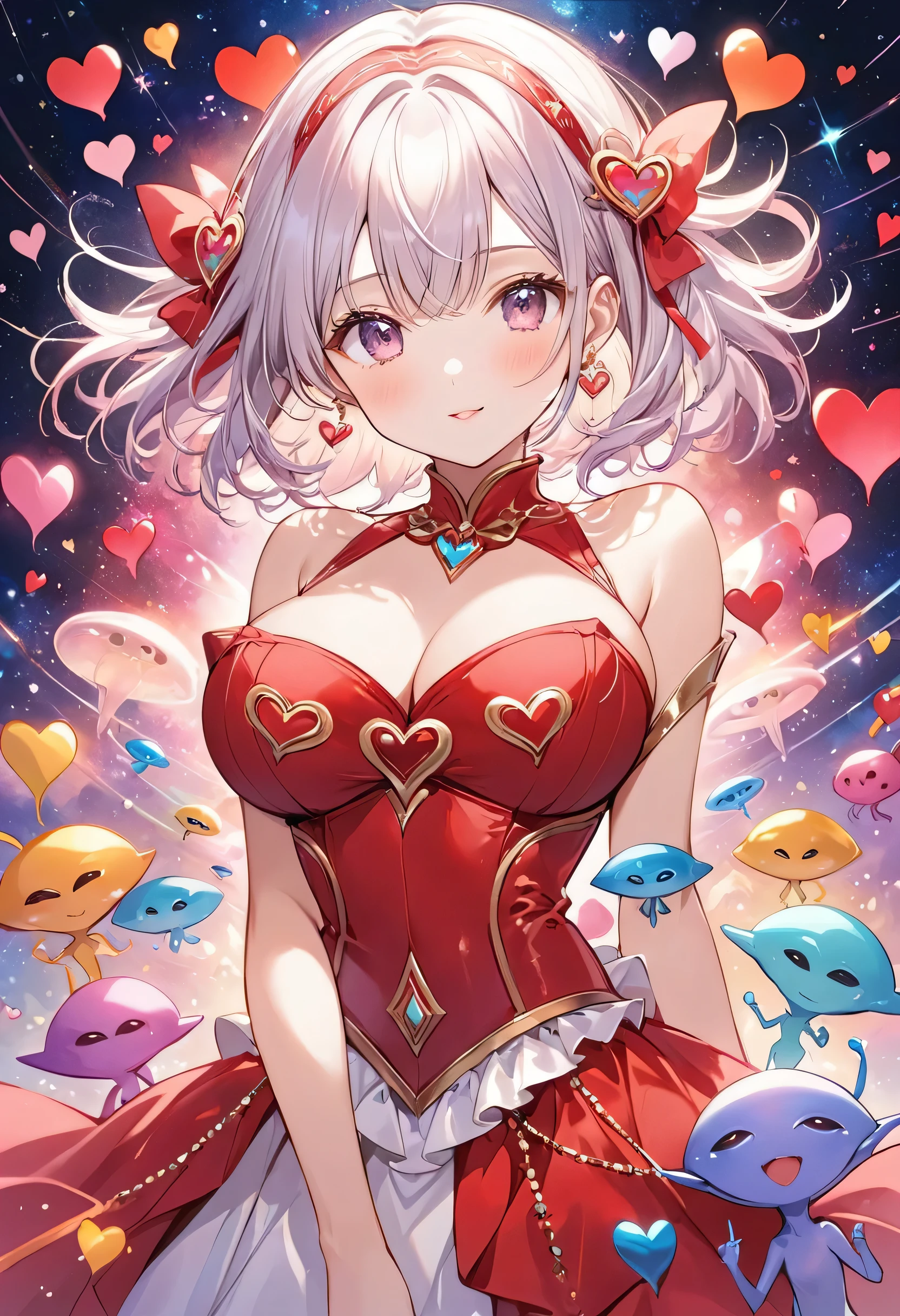 Micho Red and White style, Simple Line Initialism,Abstract art,(((The most beautiful girl of all time))), Sweet face. colorful hearts, funny design, (((bosom buddy ))), (((Cute Aliens))), The background is space
