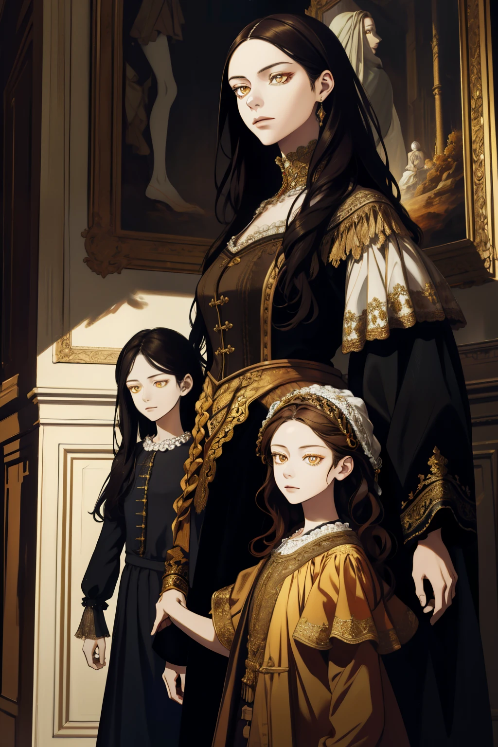 A highly detailed, absurd portrait of a family, a painting on the wall, 1girl with long dark hair and golden eyes standing beside another girl, 3people standing together, extremely detailed faces, intricate clothing, dramatic lighting, vibrant colors, photorealistic, masterpiece, renaissance style, dramatic composition, chiaroscuro lighting, oil painting