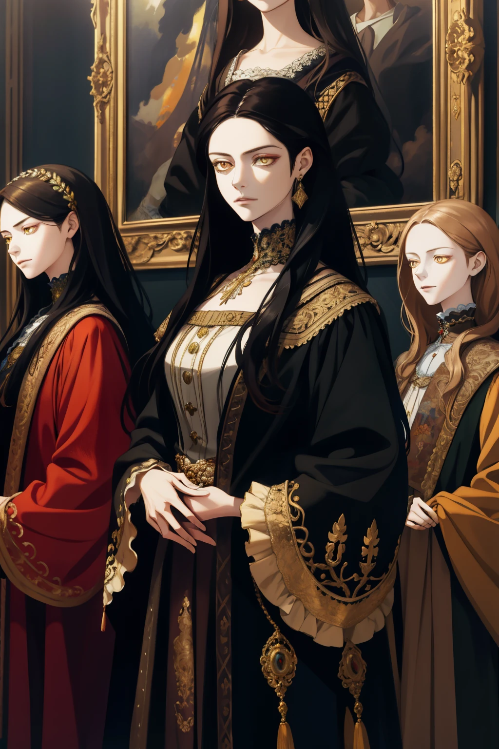 A highly detailed, absurd portrait of a family, a painting on the wall, 1girl with long dark hair and golden eyes standing beside another girl, 3people standing together, extremely detailed faces, intricate clothing, dramatic lighting, vibrant colors, photorealistic, masterpiece, renaissance style, dramatic composition, chiaroscuro lighting, oil painting