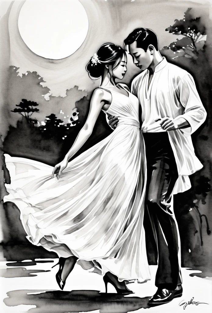 black and white ink painting，Pen sketch，Gentle brushstrokes，Draw delicate lines with a pen，Fluid Action，Subtle ink shades，Graceful posture，a chinese girl in transparent long white dress dance tango with a man in parklake in moonlight，Black and White，clean