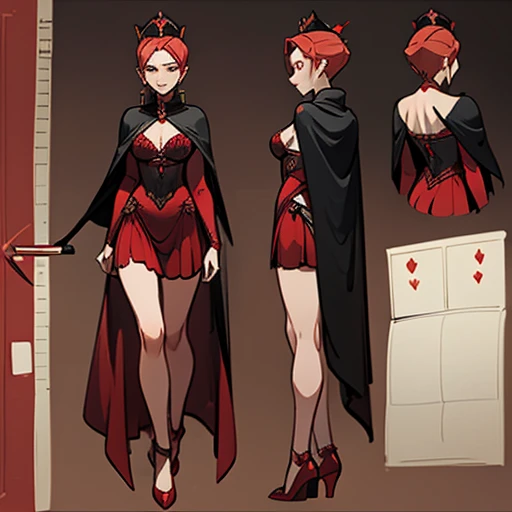 Dressed in Red and erotic lingerie with black piping that simulates the game of poker with a golden crown and a queen's cape
in various views (front and back) (full body) ((Character sheet))