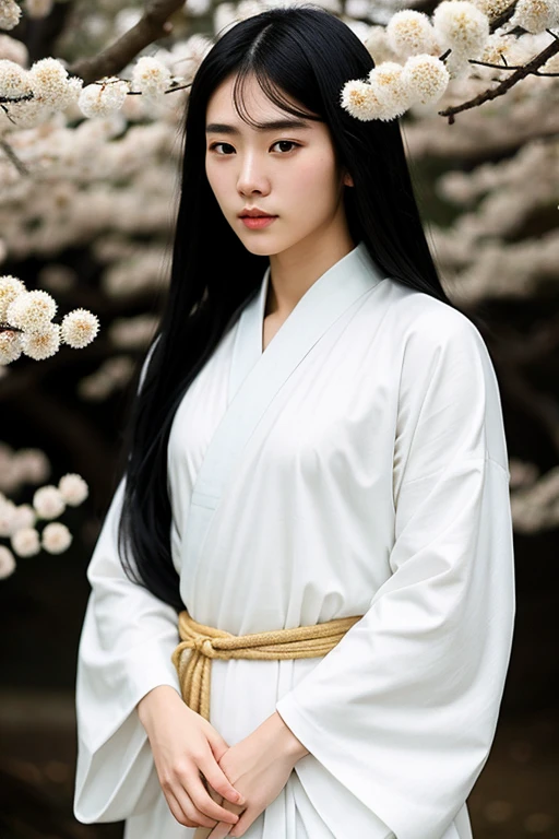 Anime characters with black hair and loose hair, long tunics, Heise Jinyao, beautiful male god, Handsome boy in art, Retrato onmyoji, beautiful androgynous young man, Inspired by Bian Shoumin, flowing white robe, around white flowers, heterocromia, Wuxia, looking at the viewer, cold and beautiful face, perfect details, masterpiece.