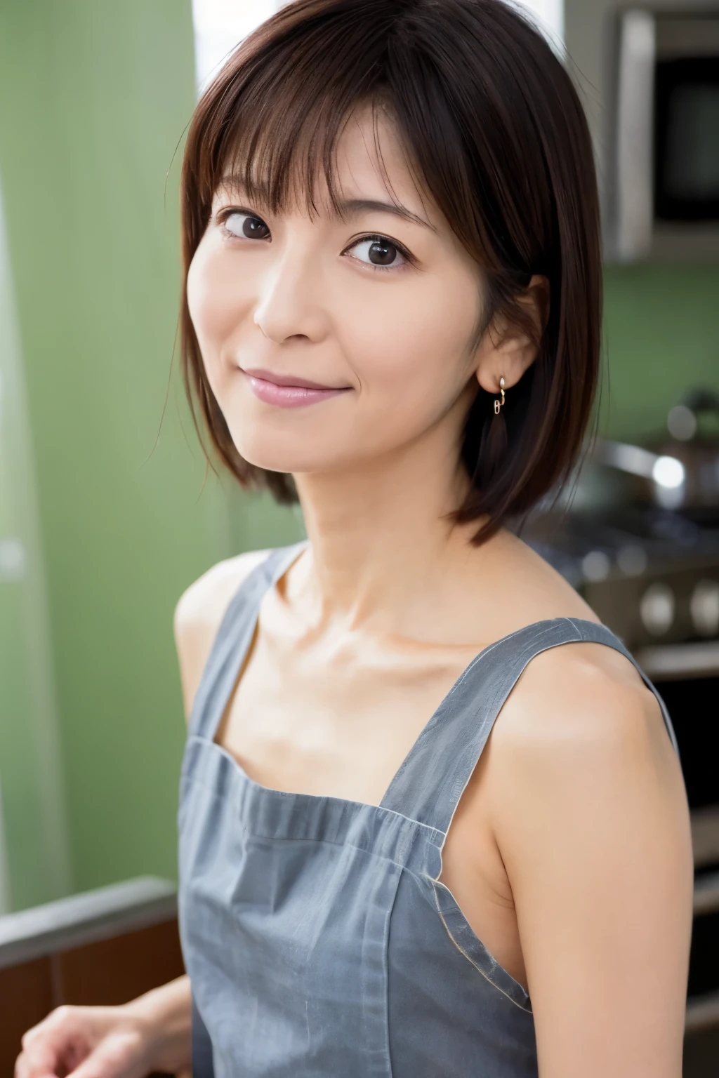 (masterpiece), high quality, high resolution, back view of a skinny Japanese woman, 40 years old, naked but wearing only an apron, short hair, cute face, detailed face, detailed eyes, standing at the kitchen