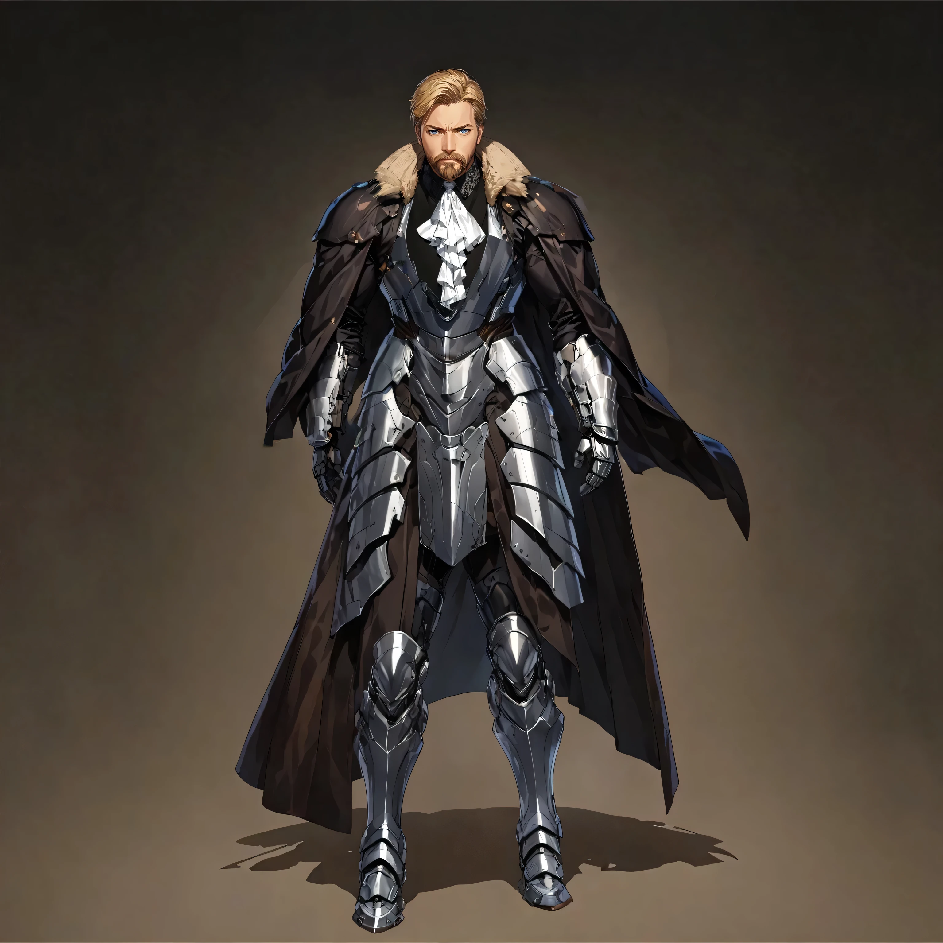 masterpiece, best quality, good quality, Highly detailed, shadowverse style, male, adult, facial hair, age 40s, blue eyes, blonde hair, short hair, modern aesthetic, adult, bang one side hair, huge silver armored pauldron, fully silver armored with dark brown clothing, futuristic sci-fi aesthetic, silver armored fault with brown clothing, silver armored tasses, silver armored ccuisses