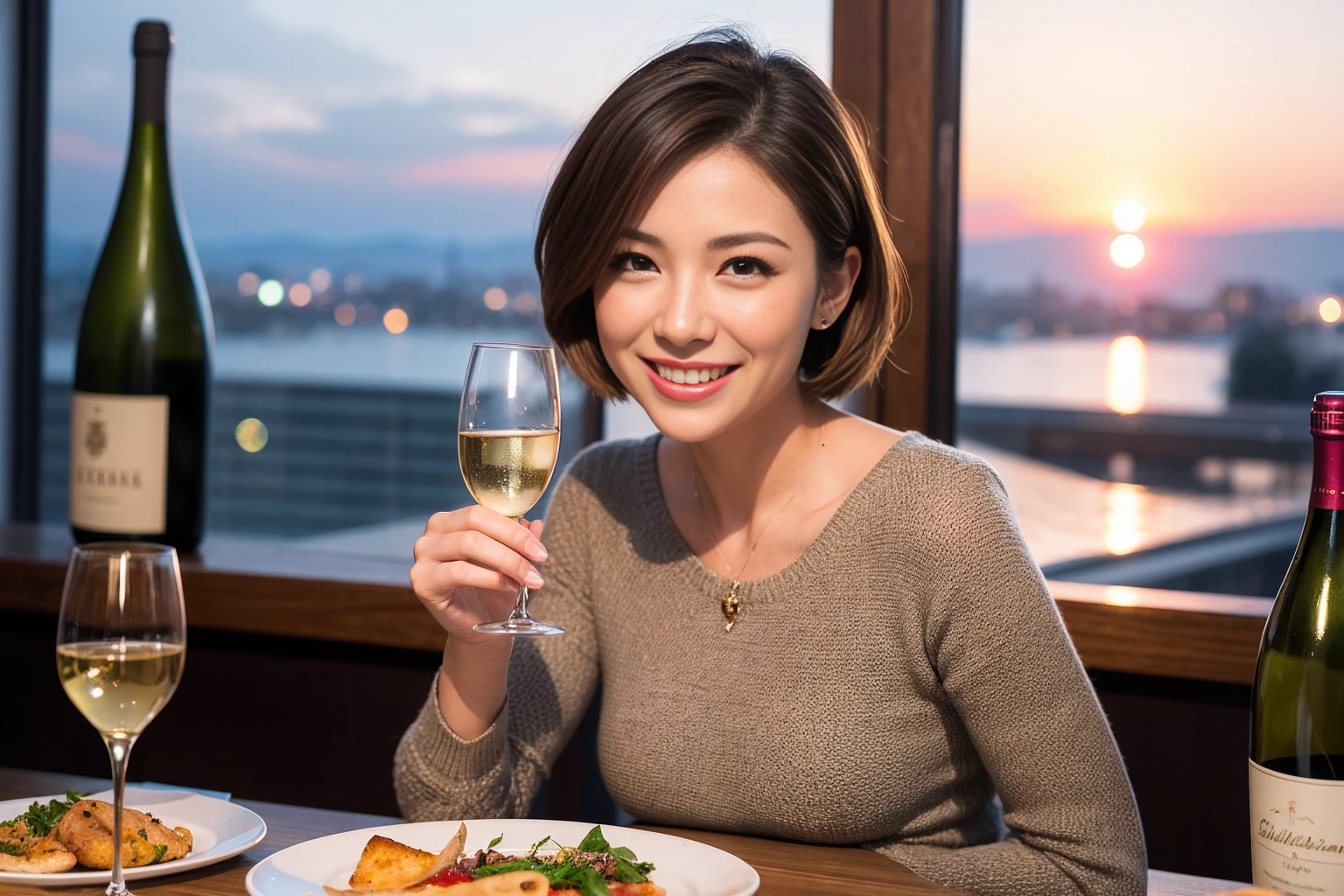 (Realistic:1.1),(masterpiece,Highest quality),8k,(49 years old), 53 years old, ベリーslimボディ、slimカップル、Tight waist,Upper Body,full-course dinner、wine 、Amazing view of the sunset sky and clouds、Perfect Anatomy, Brown Hair, short hair,Random Hairstyles,((Highly detailed face and eyes:1.2)),Perfect golden ratio face,Long sleeve shirt、dress,(smile:1.2)、Shortcuts、cute、(Realistic, Intricate details:1.2), A bright smile、short hair,Bright Face、赤wine 、Appetizers、Italian food、wine bottle、Champagne、スパークリングwine、(slimな顔), (The body is slim), (Brown Hair), (Shortcuts), Upper Body, 白wine, slim, wineグラス,