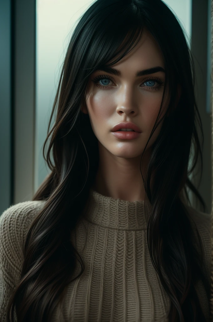 Megan Fox, portrait, ultra detailed Nordic eyes, bangs, knit sweater, winter, (((masterpiece, ultra detailed face))).