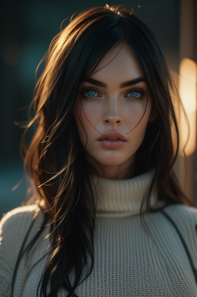 Megan Fox, portrait, ultra detailed Nordic eyes, bangs, knit sweater, winter, (((masterpiece, ultra detailed face))).