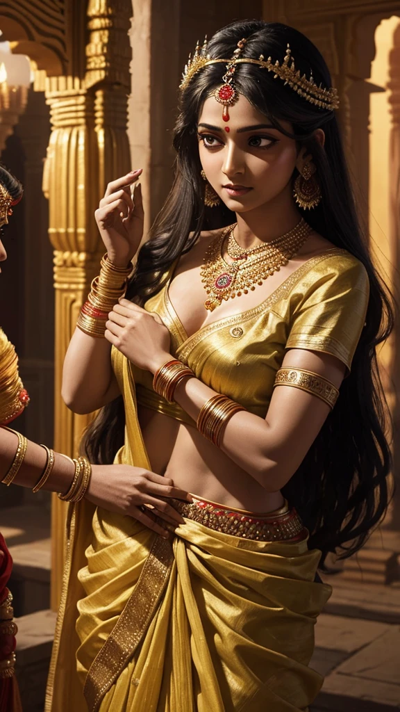 Lord Krishna and Draupadi: A detailed scene where Draupadi, in traditional attire, gently ties a piece of her sari around Krishna's injured finger. Krishna, with a protective and appreciative expression, promises to protect her. The scene should capture the emotional bond and the essence of Rakhi.