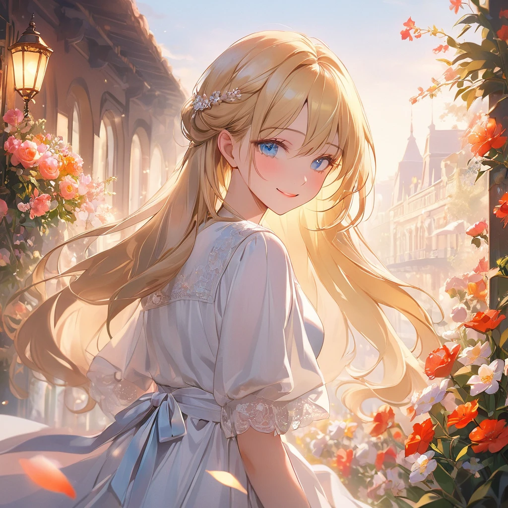 (​masterpiece),(top-quality:1.2),(1girl),exquisitedetails,vibrant colors,soft tones, Warm atmosphere, Gentle lighting,slender white body,(white colored plaid long skirt:1.3),(latest trend clothes),(middle twin-tailed blonde hair:1.3),beautiful detailed blue eyes,pale skin,cowboy shot,kindly smile,overflowing soft and gentle feelings,(The promenade is full of flowers), Warm golden glow,romantic,rich and colorful,create an ethereal atmosphere like a dream,and the lighting is soft and diffused,make her beauty more vivid,silky to the touch,film lighting