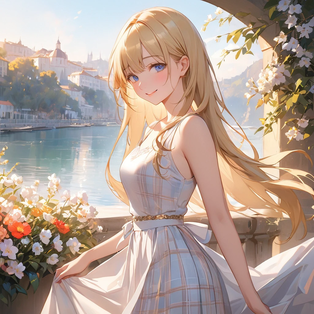 (​masterpiece),(top-quality:1.2),(1girl),exquisitedetails,vibrant colors,soft tones, Warm atmosphere, Gentle lighting,slender white body,(white colored plaid long skirt:1.3),(latest trend clothes),(middle twin-tailed blonde hair:1.3),beautiful detailed blue eyes,pale skin,cowboy shot,kindly smile,overflowing soft and gentle feelings,(The promenade is full of flowers), Warm golden glow,romantic,rich and colorful,create an ethereal atmosphere like a dream,and the lighting is soft and diffused,make her beauty more vivid,silky to the touch,film lighting