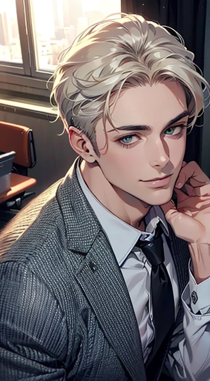 (Highest quality,4K,8K,High resolution,masterpiece:1.2),Super detailed,(Realistic,photoRealistic,photo-Realistic:1.37),1 person,34 years old,Mature Men,Beautiful skin、very handsome,Expressionless smile in love,Short white hair,green eyes,Sharp Eyes,A perfect face without a doubt,Businessman, CEO, Office Background,Cinema Lighting,HDR image,tie、