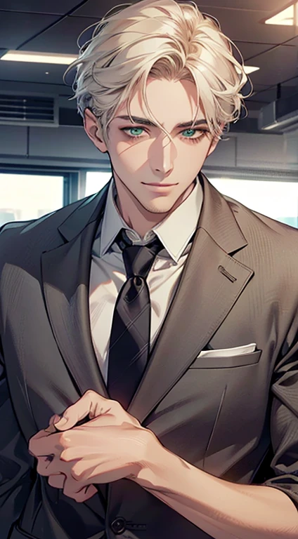 (Highest quality,4K,8K,High resolution,masterpiece:1.2),Super detailed,(Realistic,photoRealistic,photo-Realistic:1.37),1 person,34 years old,Mature Men,Beautiful skin、very handsome,Expressionless smile in love,Short white hair,green eyes,Sharp Eyes,A perfect face without a doubt,Businessman, CEO, Office Background,Cinema Lighting,HDR image,tie、