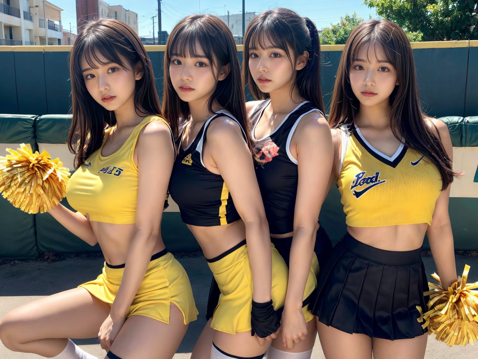 masterpiece, best quality, illustration, Super detailed, fine details, High resolution, 8K,wall paper, perfect dynamic composition,(Details High quality, realistic depiction of eyes:1.3), (3 girls), BREAK (cheerleader uniform with yellow as basic color:1.3), (holding a yellow pompoms in hand:1.4), (sleeveless yellow tunic with baseball team logo:1.4), yellow tops, (bold V-neck:1.3), ((Blue lines, black lines) on tops:1.3), ((fit and flare, A-line):1.3), (A-line yellow rah-rah skirt:1.3), mini skirt, (black socks:1.3), (sports shoes:1.2), sitting, open legs, short bob hair, in a hotel room in the background, deep on field, large breasts, black hair color, Big Natural Color Lip, (perfect body shape), crying a little、Harajuku style、20 year old girl、cute type、beautiful legs, Gravure Idol