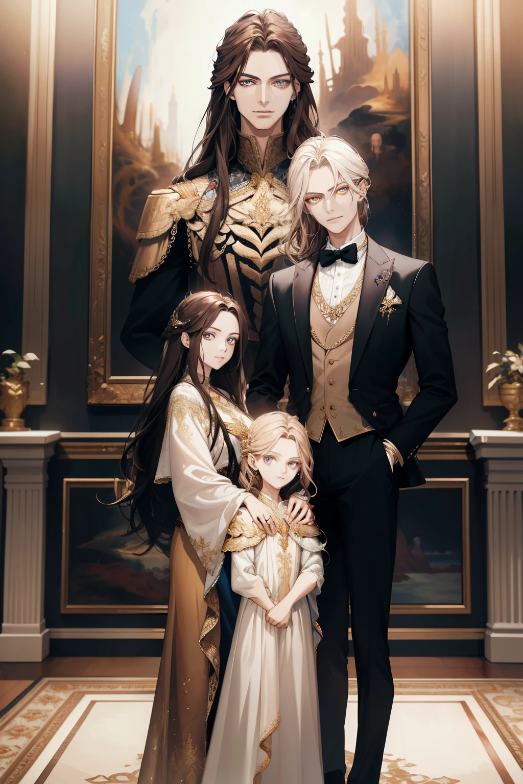 (absurd, high resolution, ultra detailed), When I noticed a painting on the wall.
It was a portrait of my family.
Zephyr stood beside. Valendrya. Her Dark hair and golden eyes highly resembled me. 
I stood in front of her With Valsendrake and Icarus standing beside me. 
painting