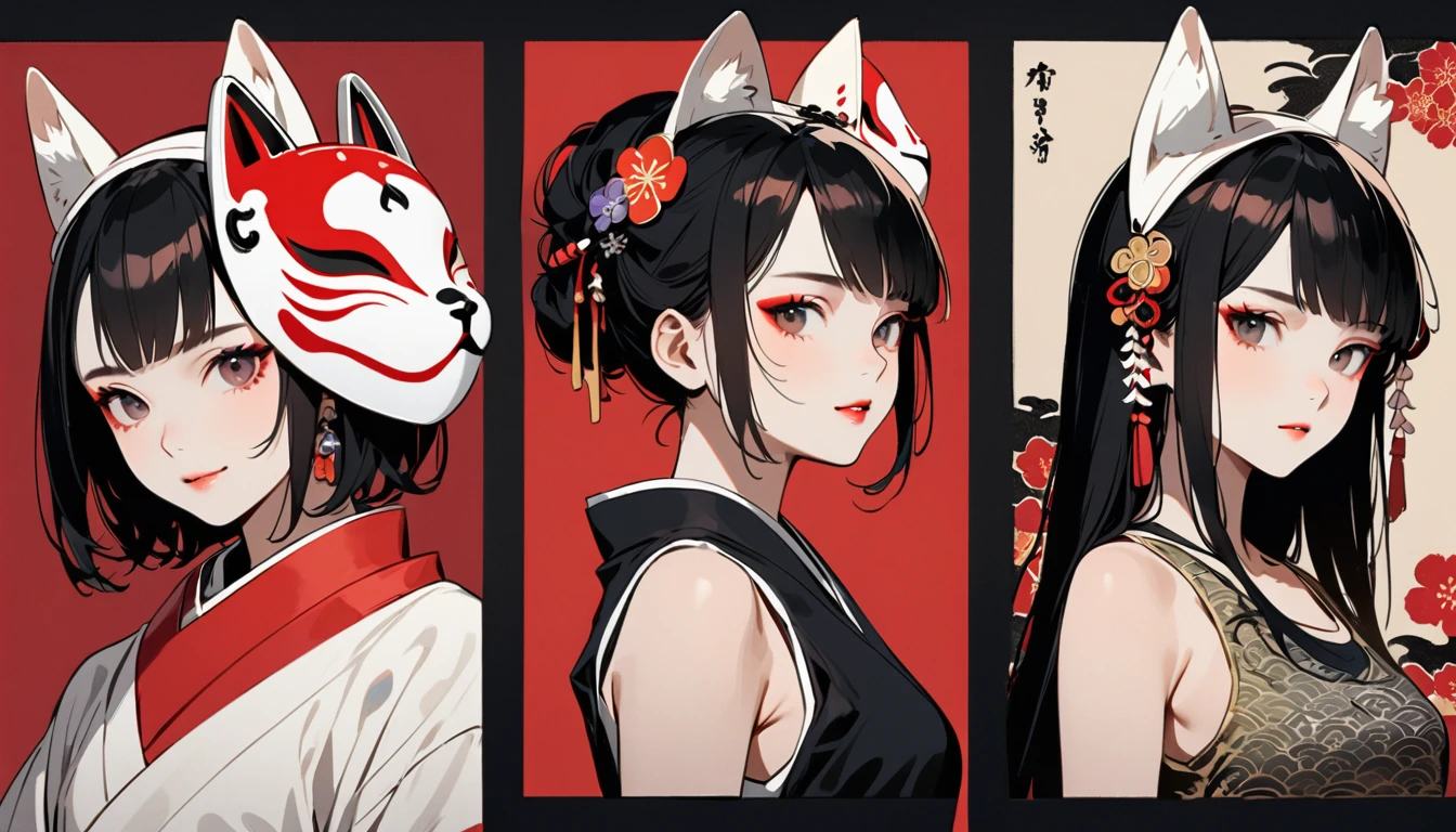 (((Ink Painting))), Fashion portrait color photos, (((twins))), (((Put a white fox mask on your head))), (((Japanese pattern tank top))), (((Very flashy hair accessories))), (((Very flashy makeup))), Japanese style headphones, smile, front view, Japan人の美少女, Black Hair, Delicate and precise, Modern ukiyo-e style,Japan, Japanese flag