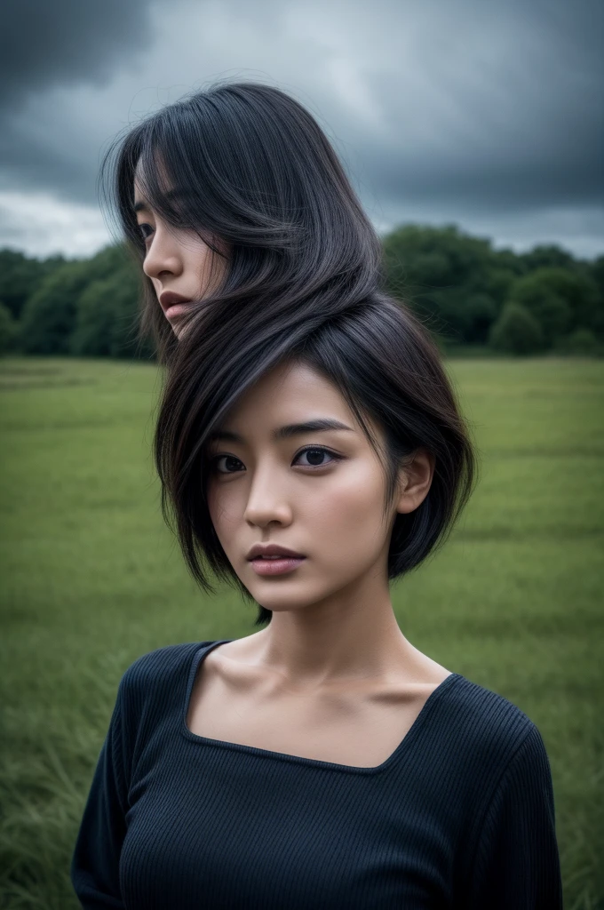 1 girl in,Very beautiful 30 year old Japanese woman、Hair so short、vision、chest neckline、the wind、Dark cloudy sky、It's raining a little、Body as a model、The shirt、Open the legs、Top-notch image quality、Superior image quality、looking at the camera、focus on the eyes、boldness、leaf runner
