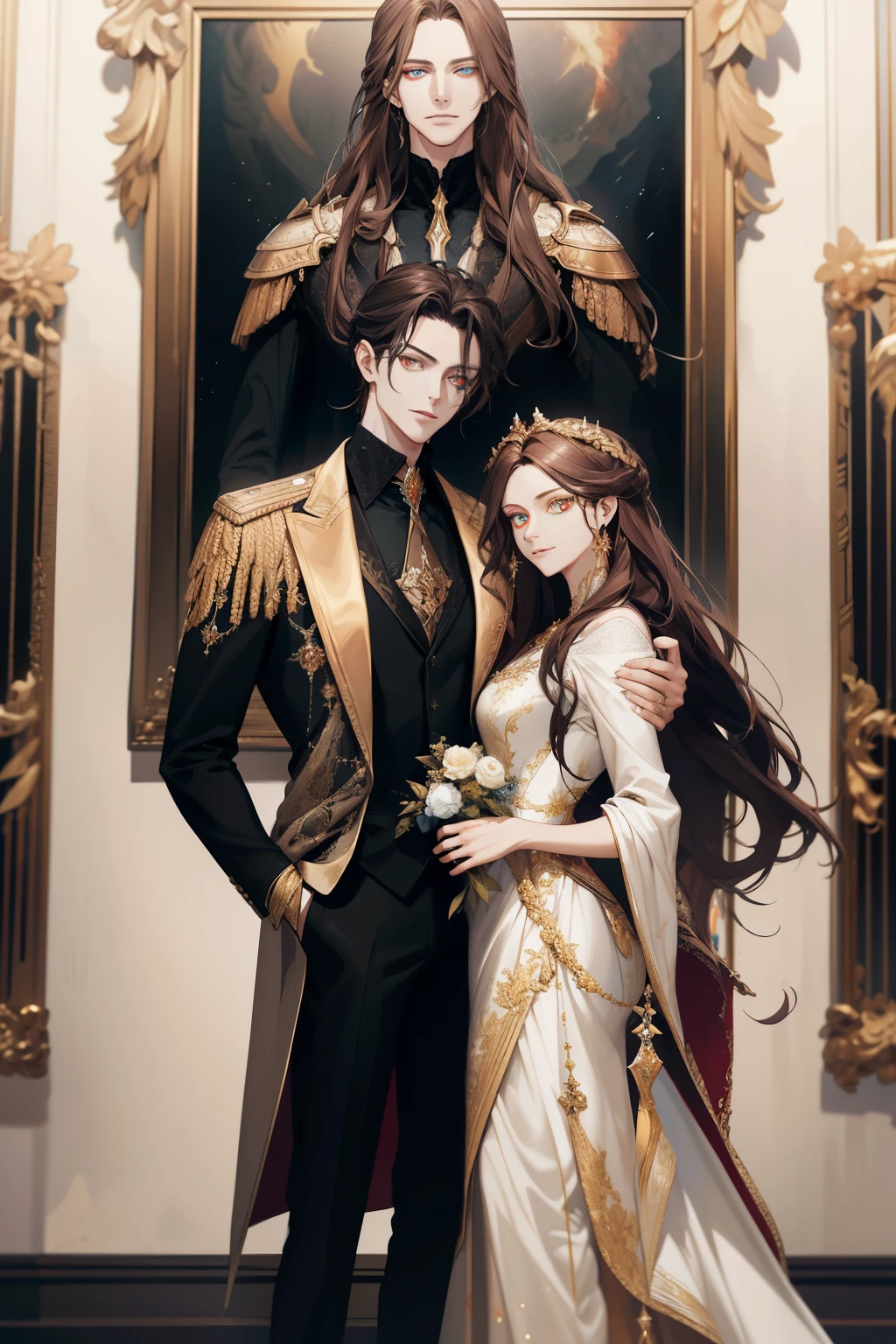 (absurd, high resolution, ultra detailed), When I noticed a painting on the wall.
It was a portrait of my family.
Zephyr stood beside. Valendrya. Her Dark hair and golden eyes highly resembled me. 
I stood in front of her With Valsendrake and Icarus standing beside me. 
painting