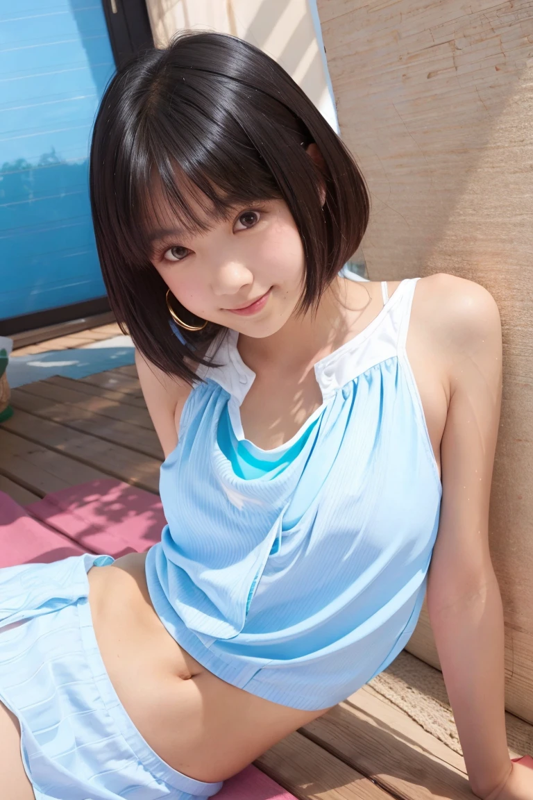 (masterpiece, best quality:1.2), nsfw, 1girl, solo, solo focus, short hair, smile, looking at viewer, camisole, miniskirt, pokies, sitting, (leaning forward:1.4), (downblouse:1.3), perfect nipples