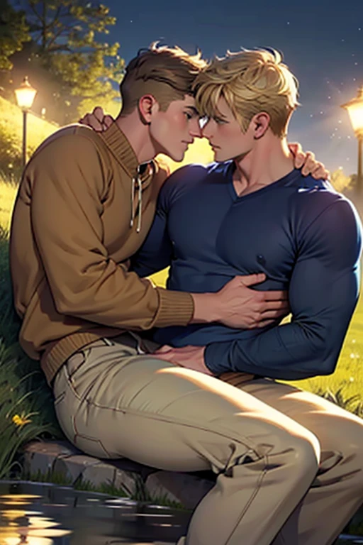 Two men, photo realistic.  A 16-year-old, handsome, lean man with short-cut, blond hair and blue eyes, wearing a brown sweatshirt, and khaki pants, sitting in the lap of a 17-year-old, handsome, athletic, Caucasian man with short, shaved brown hair, and blue eyes, wearing a blue and yellow jersey, and jeans, kissing, groping each other, laying on a grassy field, by a pond in a large city park, at night.  Masculine, erotic, sexy, romantic, love, huge bulge.