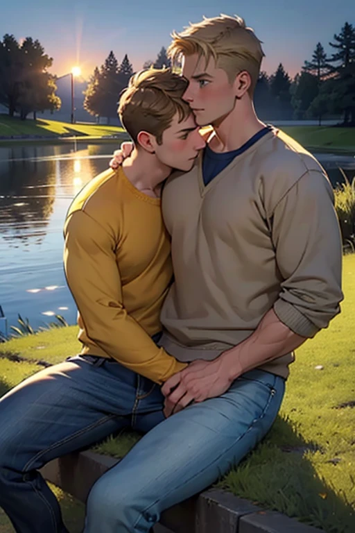 Two men, photo realistic.  A -yeld, hsome, lean man with short-cut, blond hair and blue eyes, wearing a brown sweatshirt, and khaki pants, sitting in the lap of a 17-year-o, home, letic, Caucasian man with short, shaved brown hair, and blue eyes, wearing a blue and yellow jersey, and jeans, kissing, groping each other, laying on a grassy field, by a pond in a large city park, at night.  Masculine, erotic, sexy, romantic, love, huge bulge.