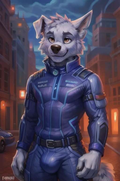 detailed fluffy fur texture, impasto impressionism, (by foxovh, ross tran, michael garmash, pino daeni, iskra), detailed eyes, highly detailed pupils, solo, furry, anthro, rocky-pp, domestic dog, male, blue eyes, white fur, white body, fur body, fully clothed, detailed fluffy fur texture, curvy, wide hips, inner fluff ears, from front, standing, blue latexsuit, Outside background, night, 1boy, smile, Huge bulge, His 50ft tall, His Gigantic size, WereWolf