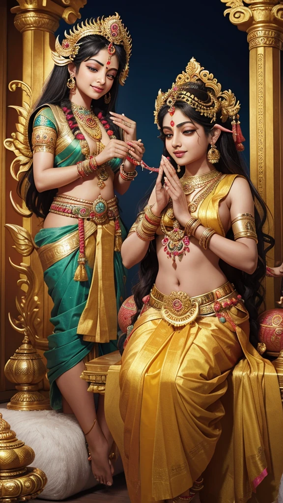 A vibrant depiction of Lakshmi tying a Rakhi on King Bali's wrist, symbolizing their divine agreement. Lakshmi's grace and Bali's respectful demeanor should be highlighted, with subtle hints of Vaikuntha in the background.