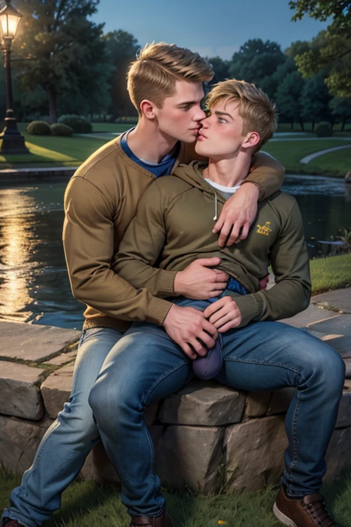 Two men, photo realistic.  A -yeld, hsome, lean man with short-cut, blond hair and blue eyes, wearing a brown sweatshirt, and khaki pants, sitting in the lap of a 17-year-o, home, letic, Caucasian man with short, shaved brown hair, and blue eyes, wearing a blue and yellow jersey, and jeans, kissing, groping each other, laying on a grassy field, by a pond in a large city park, at night.  Masculine, erotic, sexy, romantic, love, huge bulge.