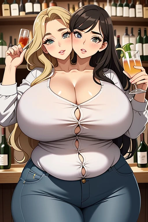 2heads, a fat woman with two heads. She has enormous breasts. She is dancing in a bar. She is sipping a drink. She is laughing. She looks drunk. She is flirty. She is wearing a button-up pink blouse and ripped jeans. She has enormous breasts. She is chubby. Massive breasts. She looks mature. She is extremely short. She is extremely fat. She has massive fat breasts. She has long straight brown hair. Kissy face. 