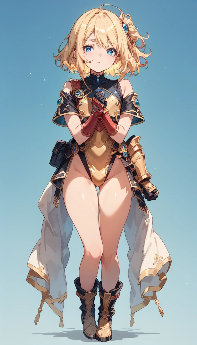 open stance, Black full-body armor, Shoulder rest, boots, gauntlet,, full body, 独奏, standing, femboy, young, medium Blonde straight hair, Blue eyes, (simple background:1.3)