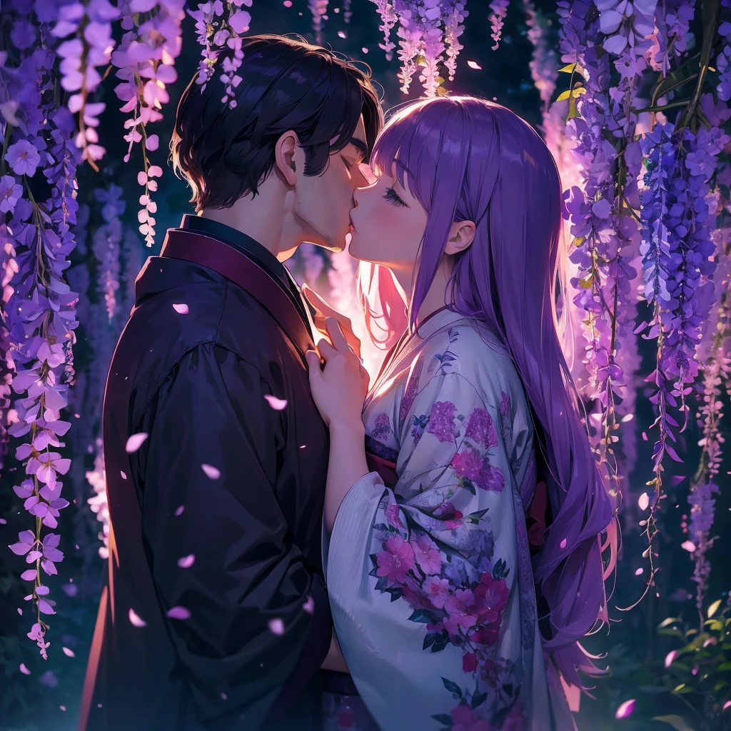 a man is kissing a woman in the wisteria forest, dark night, , (Beautifully Aesthetic:1.2),wisteria, peace, tranquility, serenity, petals, red kimono