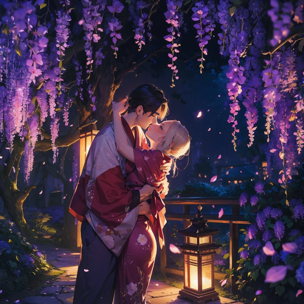 a man is kissing a woman in the wisteria forest, dark night, , (Beautifully Aesthetic:1.2),wisteria, peace, tranquility, serenity, petals, red kimono