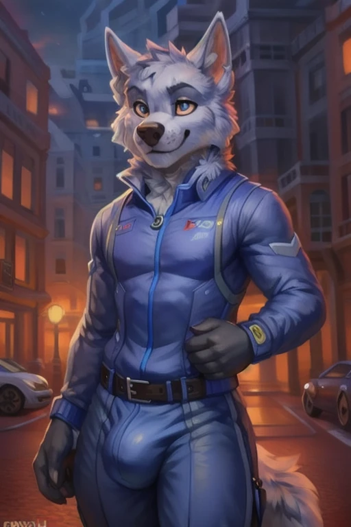 detailed fluffy fur texture, impasto impressionism, (by foxovh, ross tran, michael garmash, pino daeni, iskra), detailed eyes, highly detailed pupils, solo, furry, anthro, rocky-pp, domestic dog, male, blue eyes, white fur, white body, fur body, fully clothed, detailed fluffy fur texture, curvy, wide hips, inner fluff ears, from front, standing, blue short latexsuit, Outside background, night, 1boy, smile, Huge bulge, His 50ft tall, His Gigantic size, WereWolf
