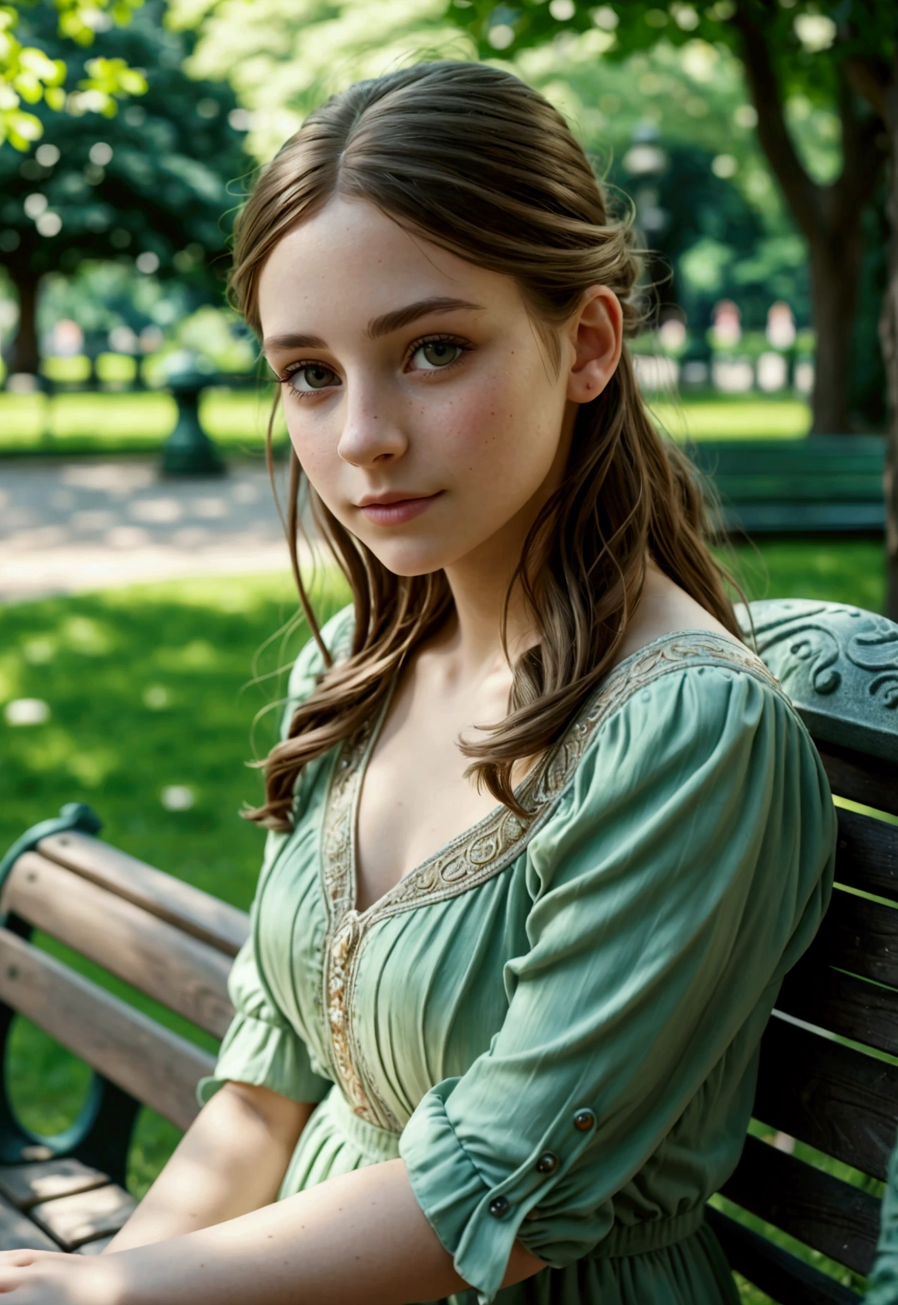 a photorealistic portrait of Emma, 1 girl sitting on a park bench, extremely detailed face and eyes, long eyelashes, intricate details, detailed park environment, lush foliage, ornate stone bench, warm lighting, soft focus, realistic shadows, vibrant colors, cinematic composition, masterpiece, 8k, photorealistic